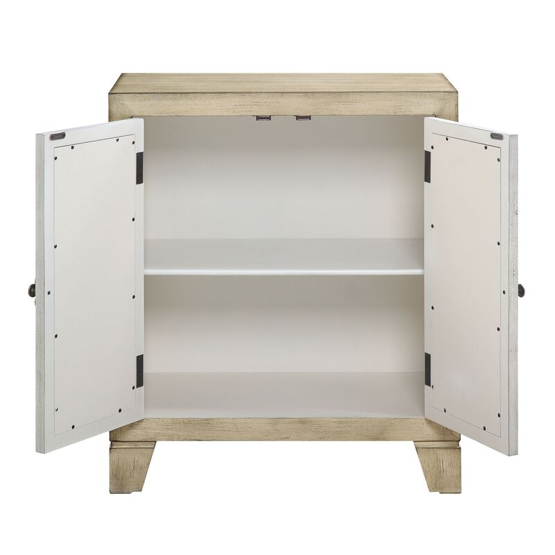 Console Table with 2 Glass Doors and Floral Motif, Antique White-Benzara