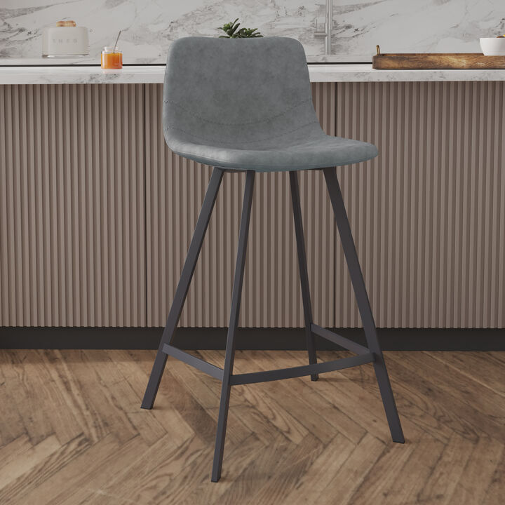 Elland Modern Upholstered Leather Bar Stool With Black Iron Legs & Footrest