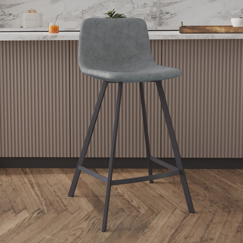 Elland Modern Upholstered Leather Bar Stool With Black Iron Legs & Footrest