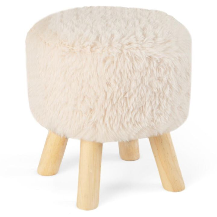 Hivvago Round Footstool Ottoman Faux Fur Footrest with Padded Seat and Rubber Wood Legs-White