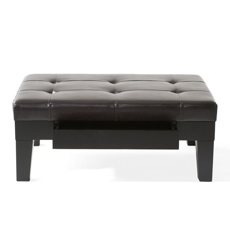 Olivia Ottoman Table, Drawer, Black Faux Leather, Coffee Brown 41 Inch - Benzara