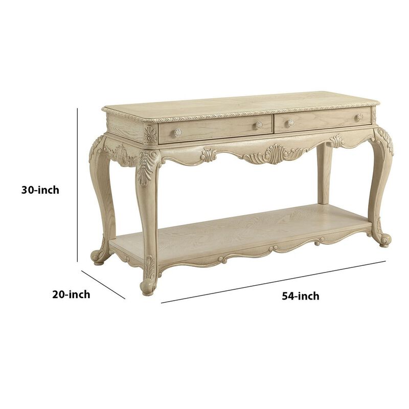 Vintage Style Wooden Sofa Table with Two Drawers and One Open Shelf, White-Benzara