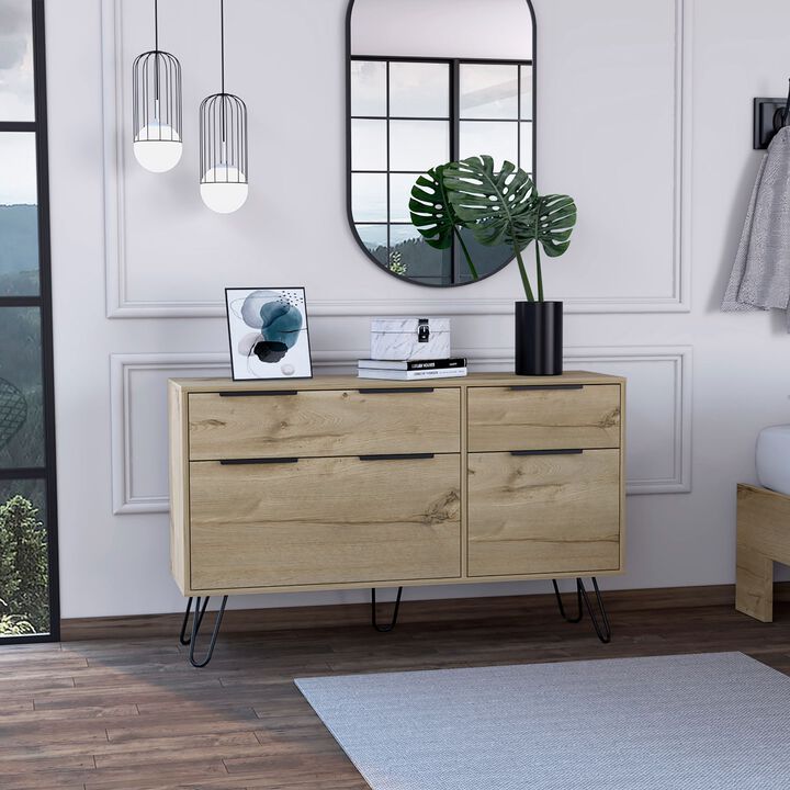 DEPOT E-SHOP Begonia Double Dresser, Four Drawers, Superior Top, Hairpin Legs, Light Oak