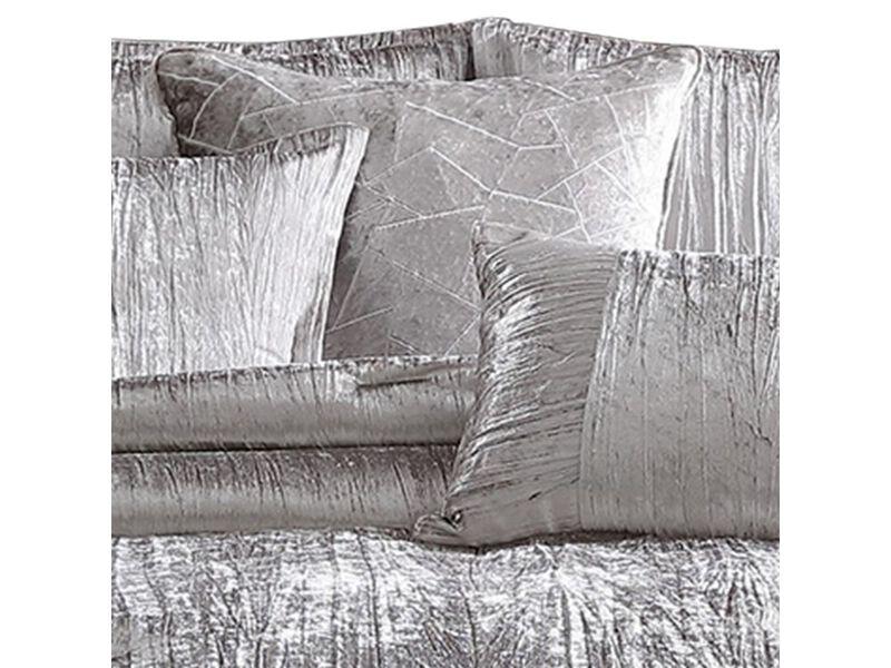 Queen Size 7 Piece Fabric Comforter Set with Crinkle Texture, Silver - Benzara