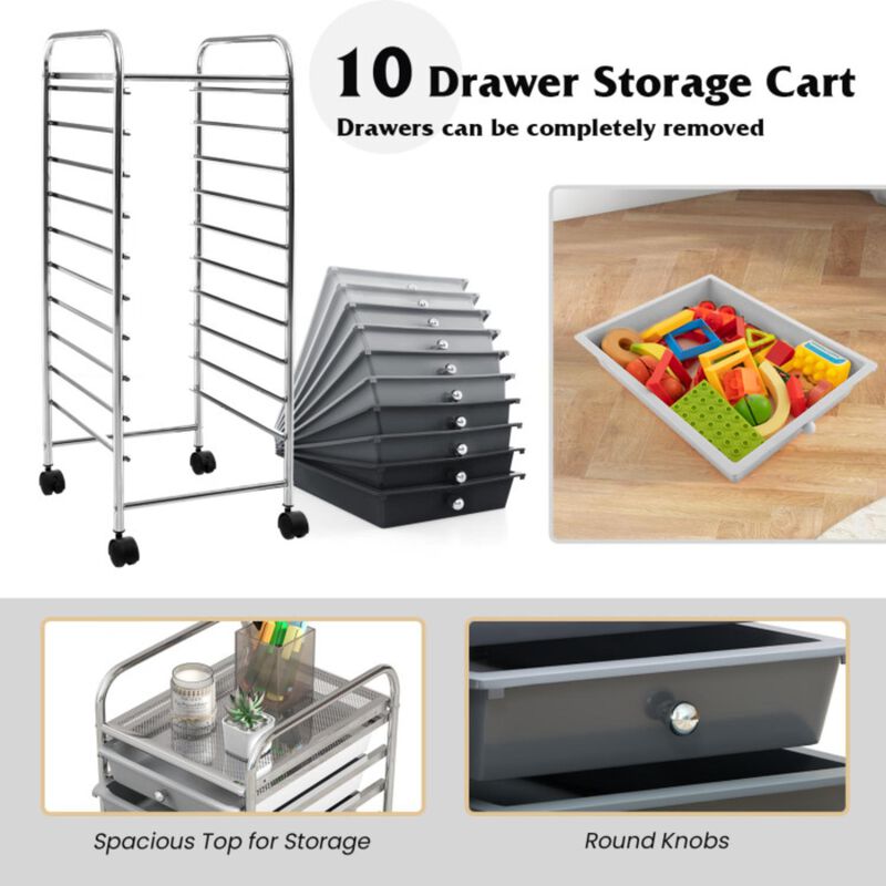 Hivvago 10 Drawer Rolling Storage Cart Organizer with 4 Universal Casters