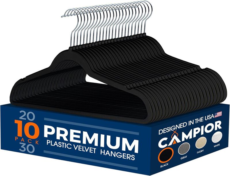 Premium Velvet Non-Slip Hangers for Clothes - Heavy Duty Coat Hanger Set with 360° Swivel Hook, Lightweight, Luxurious Velvet Finish, Versatile Hangers for Any Closet, Pack of 10 - Black