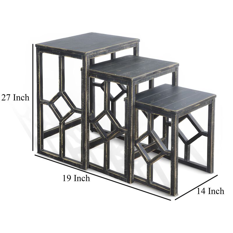 Rena 3 Piece Nesting Accent Table Set, Slatted, Rustic Black Mahogany - Benzara