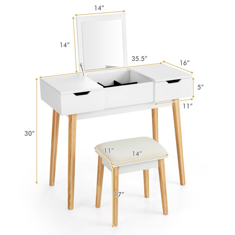 Makeup Vanity Table Set with Flip Top Mirror and 2 Drawers