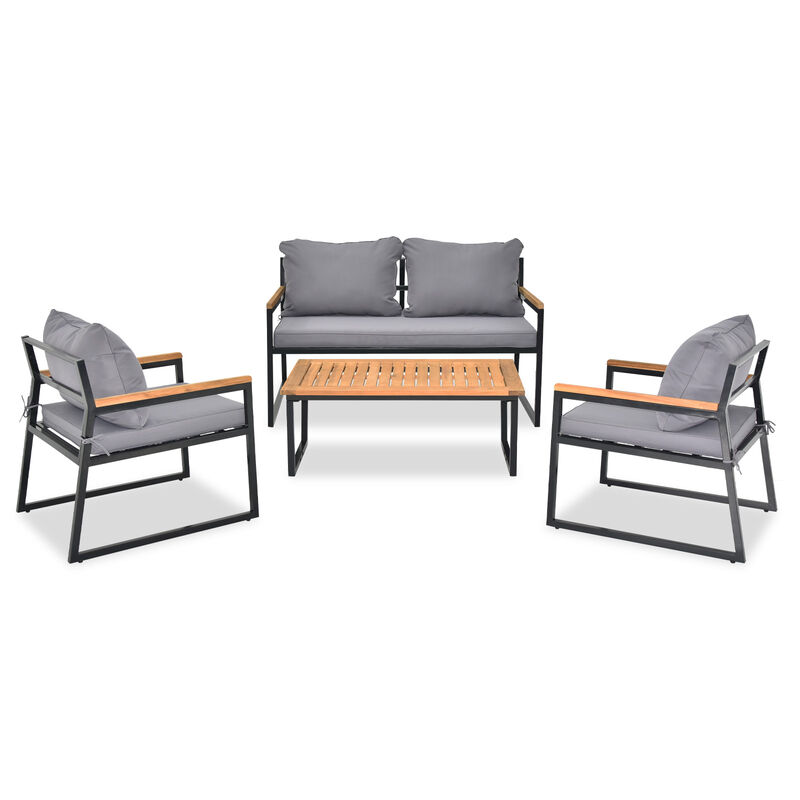 Patio Conversation Set 4-Piece Metal Frame with Acacia Wood Table and Cushions