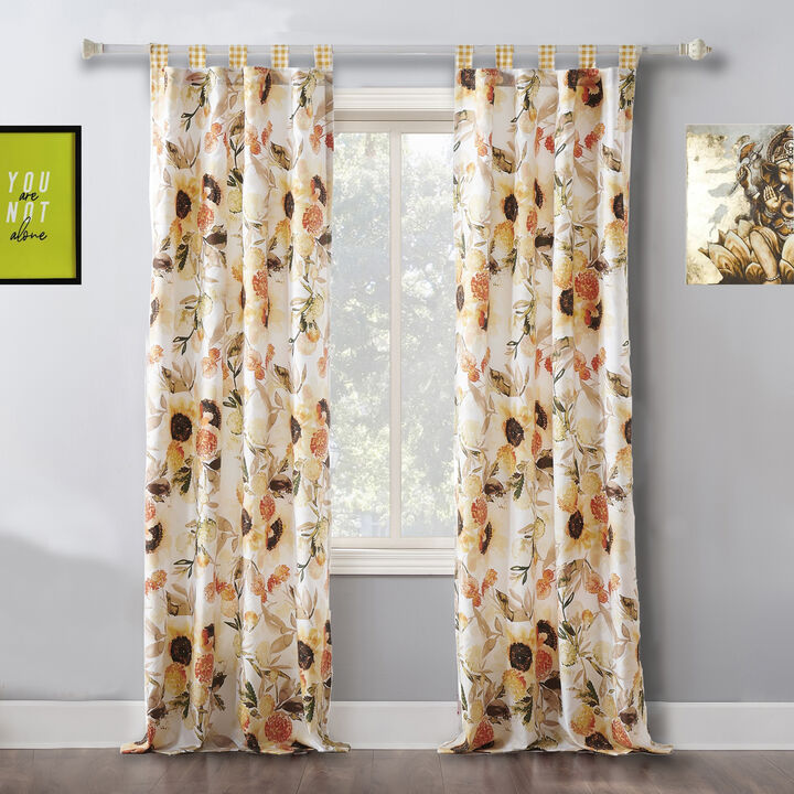 Kelsa Set of 2 Panel Curtains with Watercolor Sunflowers, Ruffled, Gold - Benzara
