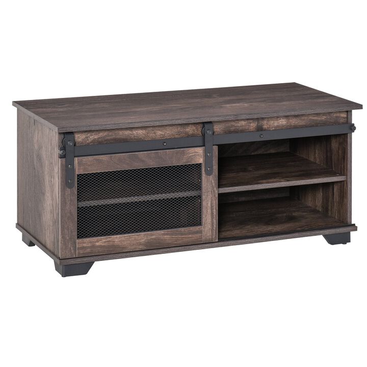 Dark Brown Rustic Table: Farmhouse Coffee Table with Sliding Barn Door