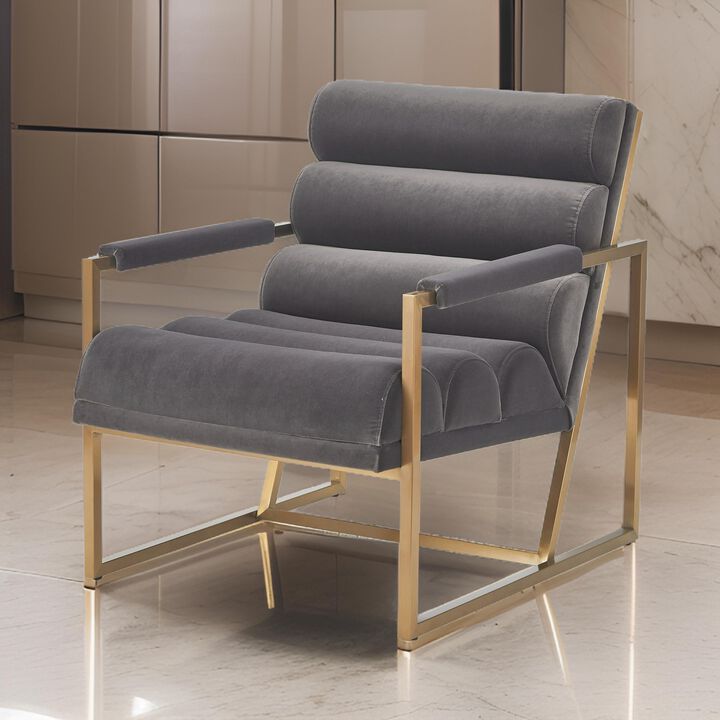 Cid Dave 27 Inch Accent Chair, Tufted Gray Velvet, Square Steel Legs, Brass - Benzara