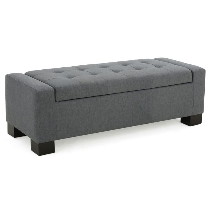 Liani Ottoman Bench, Button Tufted Gray, 50 Inch, Lift Top Storage - Benzara