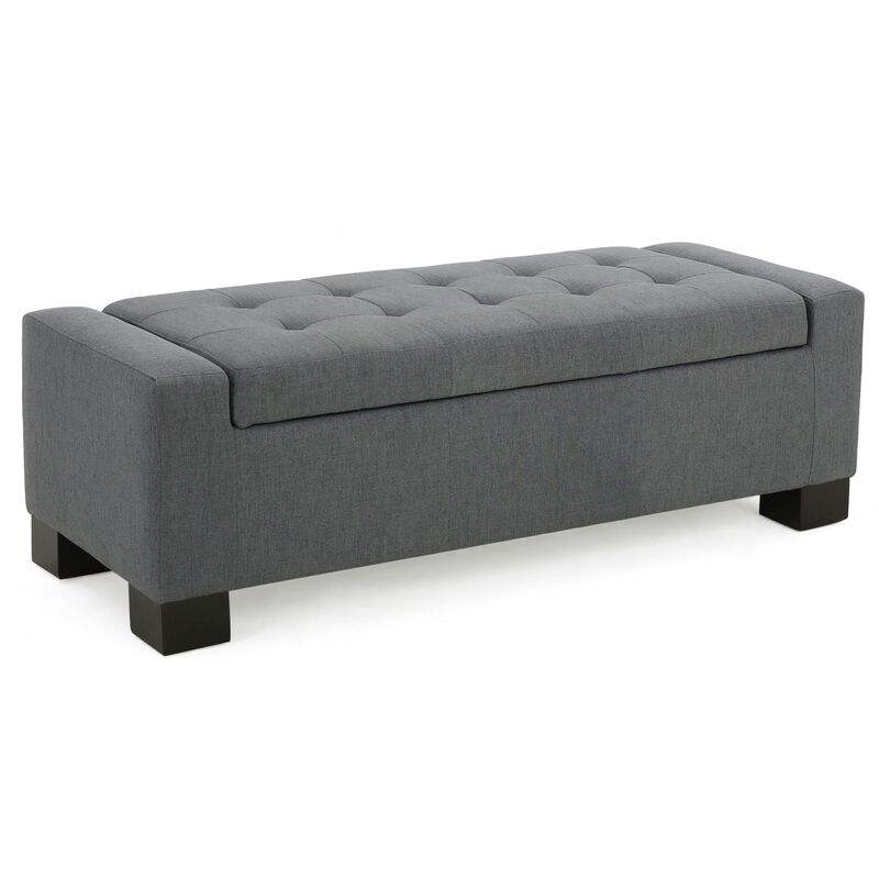 Liani Ottoman Bench, Button Tufted Gray, 50 Inch, Lift Top Storage - Benzara