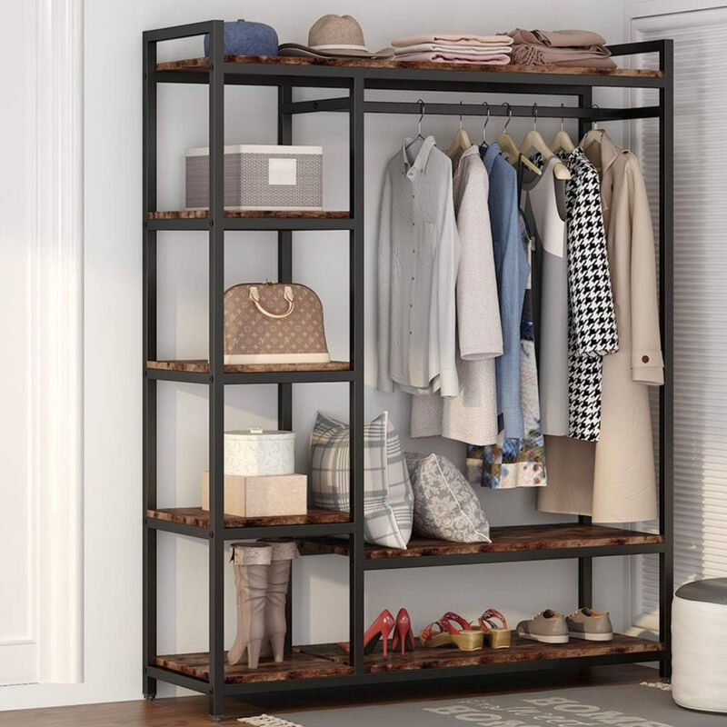 Large Free-standing Closet, Standing Clothes Garment Rack, Organizer with 6 Storage Shelves and Hanging Bar