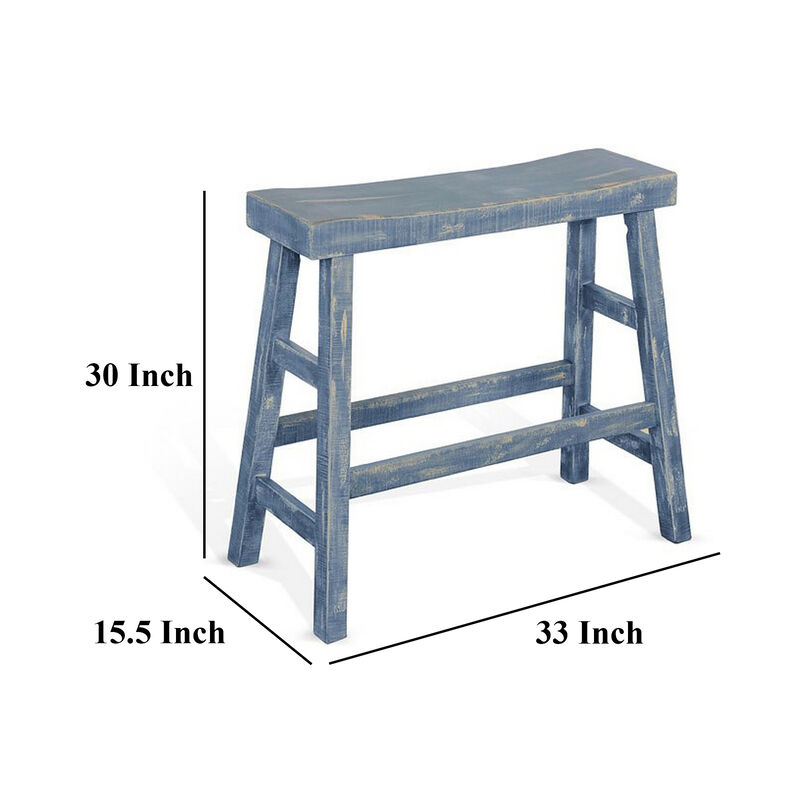 Rena Bar Height Bench, 33 Inch Rustic Ocean Blue Mahogany Wood Frame - Benzara