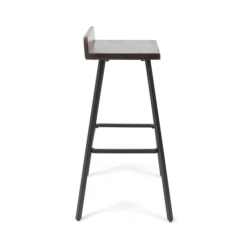 Barstool Chair Set of 2, Brown Acacia Wood, Black Angled Iron Legs -Benzara