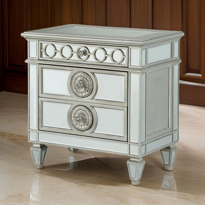 Mirror Accented Wooden Nightstand with 3 Storage Drawers, Silver-Benzara