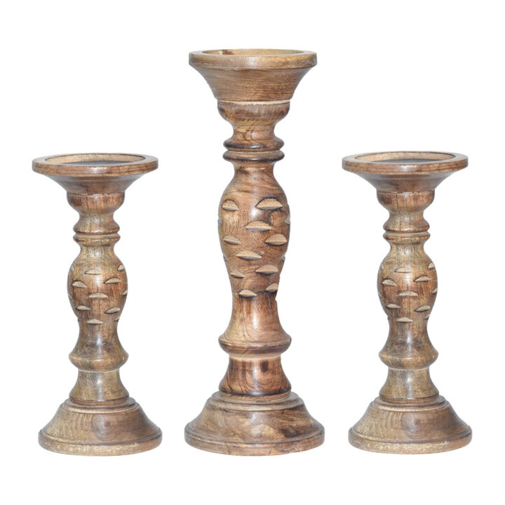 Traditional Medium Burnt Eco-friendly Handmade Mango Wood Set Of Three 9",12" & 9" Pillar Candle Holder