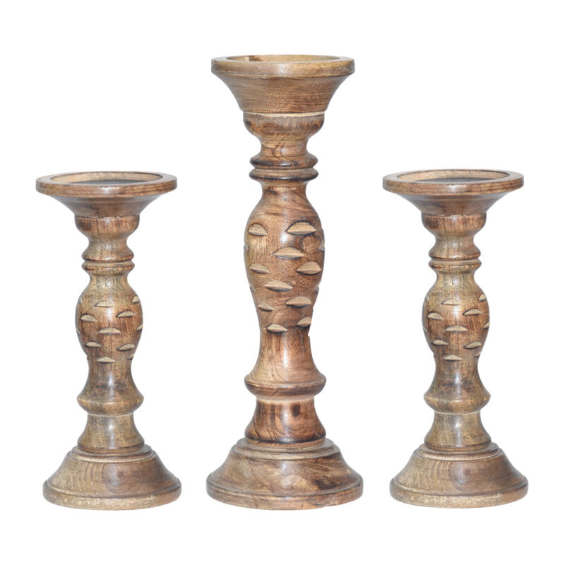 Traditional Medium Burnt Eco-friendly Handmade Mango Wood Set Of Three 9",12" & 9" Pillar Candle Holder