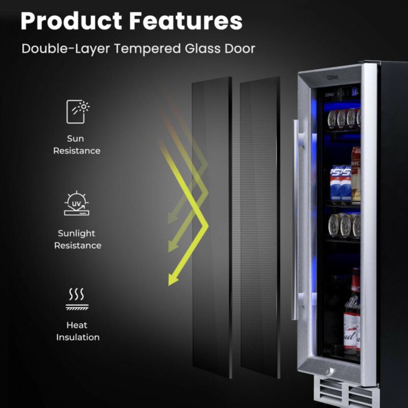 Costway 15 Inch 100 Can Built-in Freestanding Beverage Cooler Refrigerator with Adjustable Temperature and Shelf