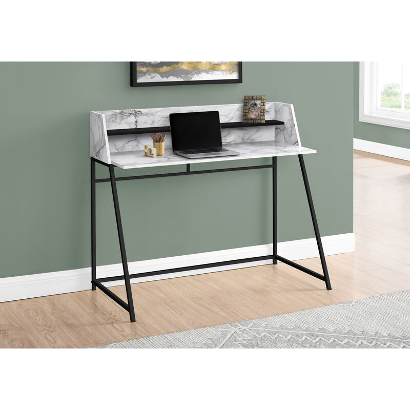 Monarch Specialties I 7549 Computer Desk, Home Office, Laptop, Storage Shelves, 48"L, Work, Metal, Laminate, White Marble Look, Black, Contemporary, Modern
