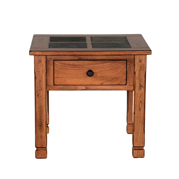 Marv Side End Table w Drawer, 26 Inch Square Slate Inlay Top, Brown - Benzara
