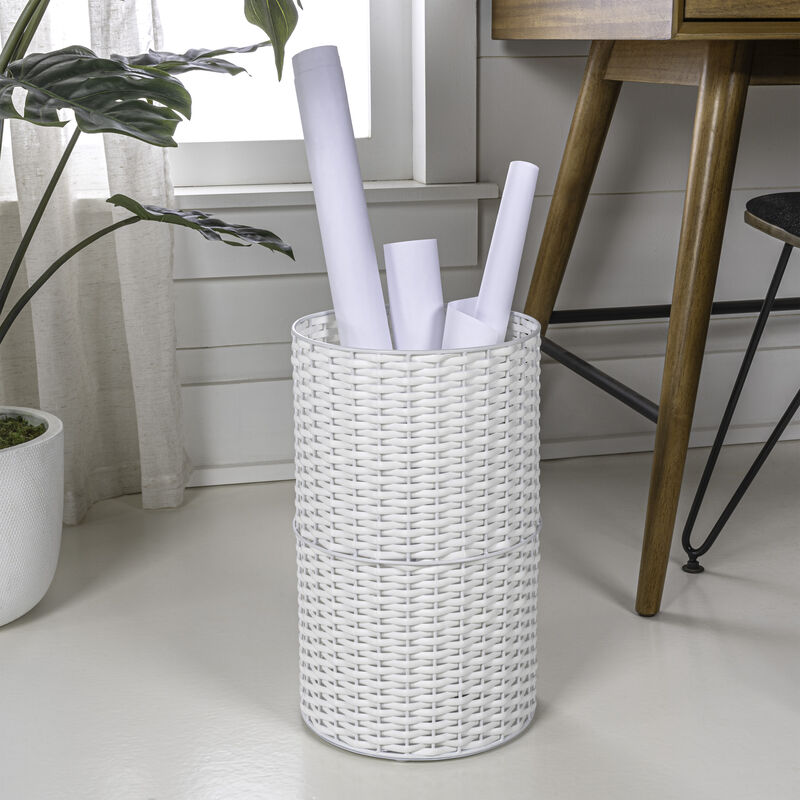 Cecil Modern Faux Wicker Cylinder Waste Basket