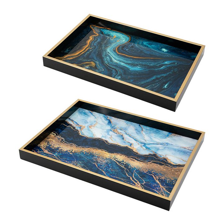 Set of 2 Rectangular Decorative Trays, Tall Rims, Faux Marble, Blue, Gold - Benzara