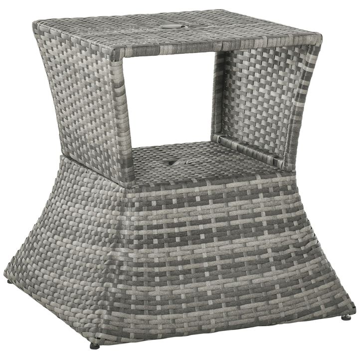 Gray Garden Side Table: 2-Tier Rattan Bistro Table with Umbrella Hole