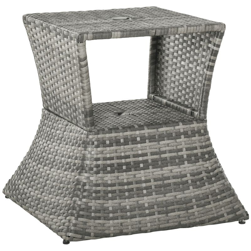 Gray Garden Side Table: 2-Tier Rattan Bistro Table with Umbrella Hole