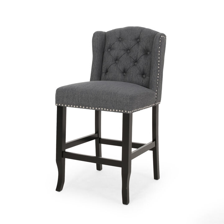 Seliva Counter Stool Chair Set of 2, Charcoal Gray, Tufted Back, Brown Wood - Benzara