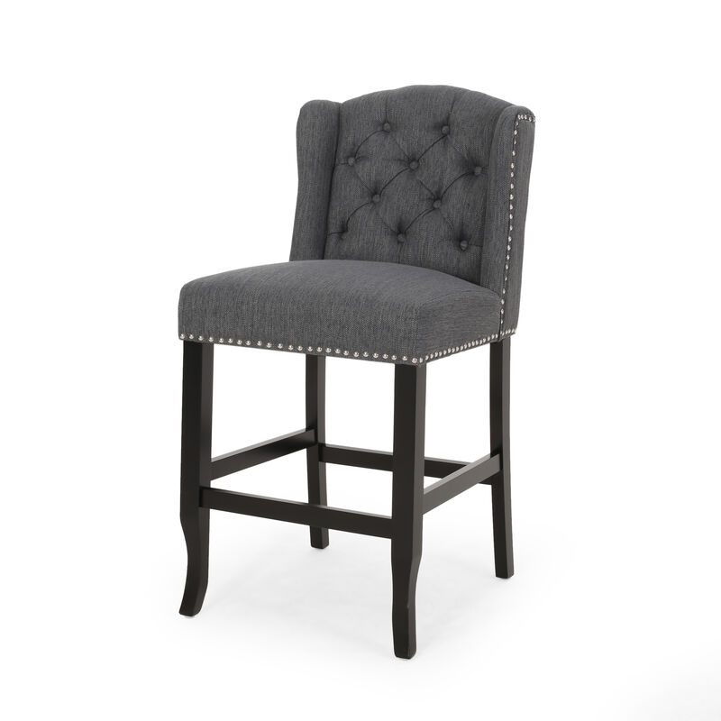Seliva Counter Stool Chair Set of 2, Charcoal Gray, Tufted Back, Brown Wood - Benzara
