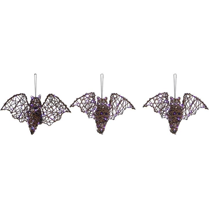Haunted Hill Farm Set of 3 Prelit Hanging Rattan Bats, Battery Operated
