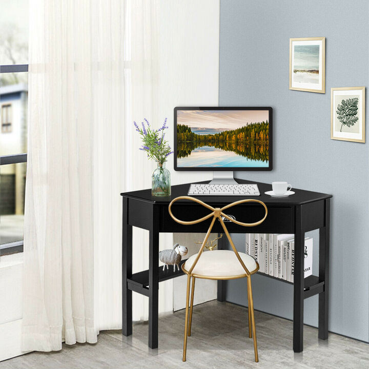 Costway Triangle Computer Desk Corner Office Desk Laptop Table w/ Drawer Shelves Rustic Black