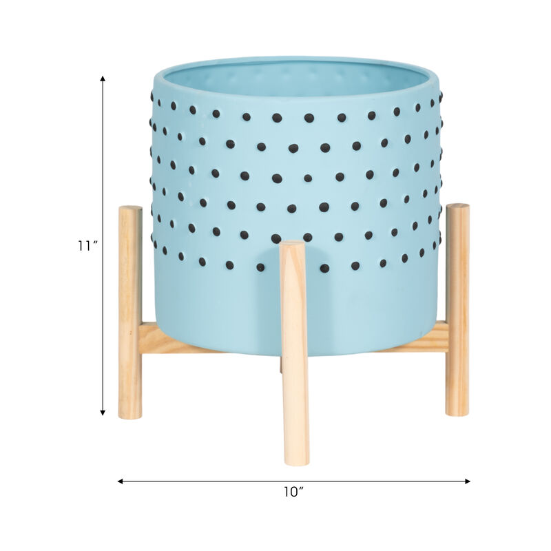 10" Dotted Planter with Wood Stand, Blue