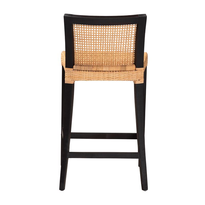 Bali & Pari Lingga Modern Dark Brown Mahogany Wood and Natural Rattan Counter Stool