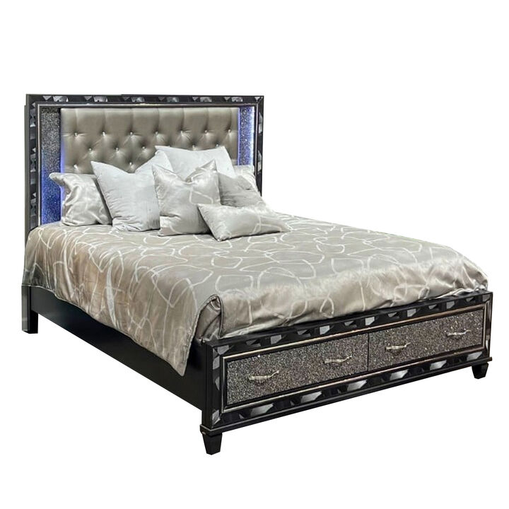 Bet Queen Bed, Silver Faux Leather Upholstery, LED, Crystal Accents, Black - Benzara