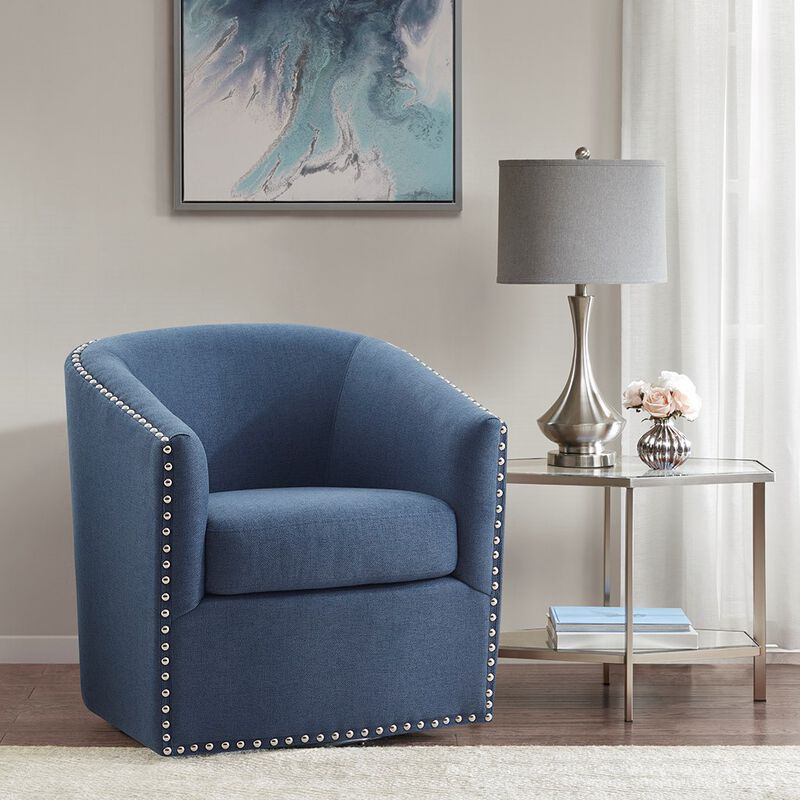 Gracie Mills Leyla Upholstered Barrel Swivel Chair with Black Metal Base