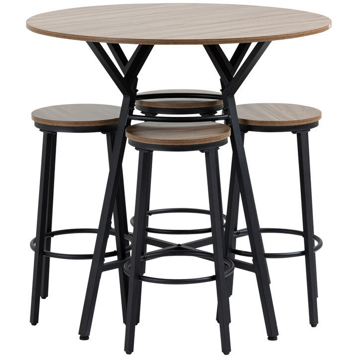HOMCOM Industrial 5-Piece Bar Table and Chairs Set, Space Saving Dining Table with 4 Stools for Pub and Kitchen, Black & Brown