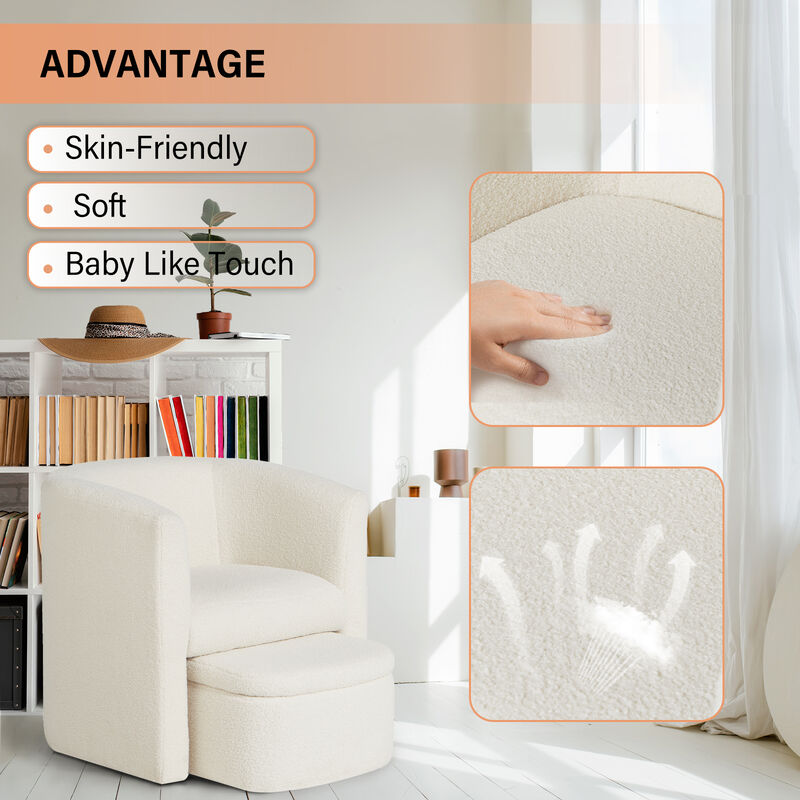 Upholstered Sherpa Barrel Chair with Storage Ottoman Set, Modern Single Sofa Accent Lounge Chair, Armchair for Living Room Bedroom Office