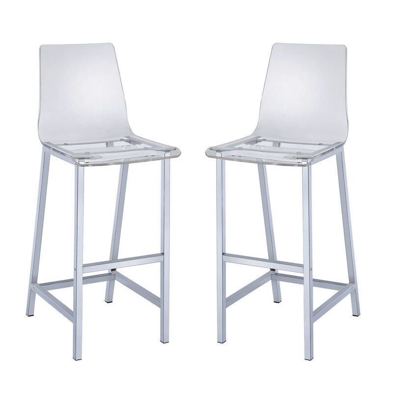 Elegant Acrylic Bar Height Stool with Chrome Base, Clear And Silver, Set of 2 - Benzara
