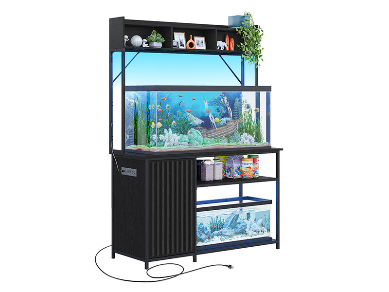 BELLEZE 55-75 Gallon Fish Tank Stand with RGB Light, Aquarium Stand with Power Outlets,Cabinet for Fish Tank Accessories Storage, 20"D x 52"W Tabletop fits Turtle Tank, Reptile Tank, Black Ebony