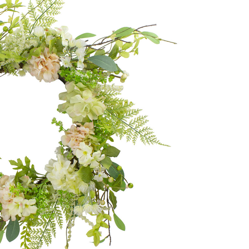 Hydrangea and Fern Spring Floral Berry Wreath  Green and Pink 28"