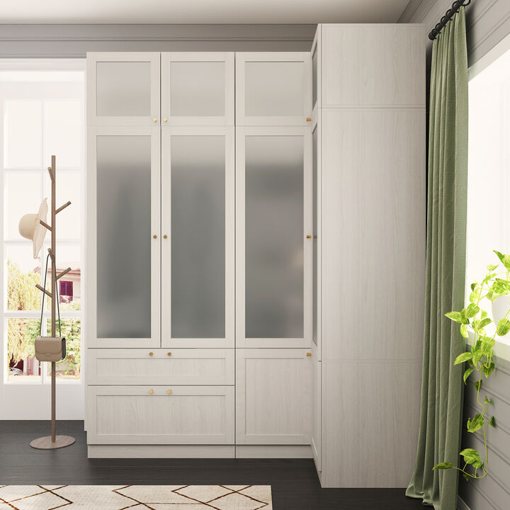 FUFU&GAGA Modern Glass Door Wardrobe with Frosted Panels, Gold Handles, 2 Drawers and Hanging Rod–Customizable Closet Organizer, (67" L x 35.4" W x 86.6" H),White