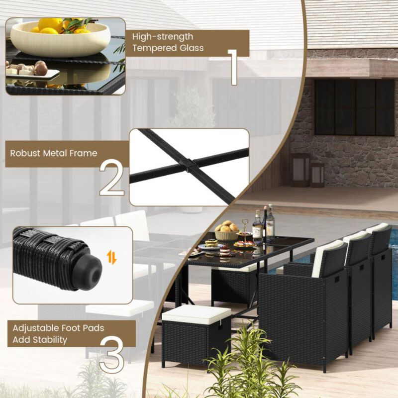Hivvago 11 Piece Patio Dining Set Wicker Chairs and Tempered Glass Table with Waterproof Cushions