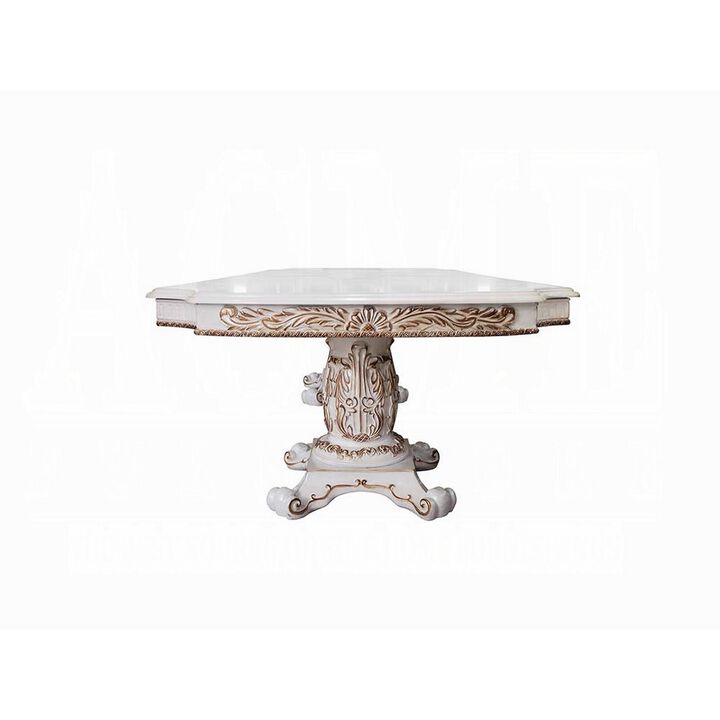 Antoine Dining Table, Carved Double Pedestal, 94-136 Inch, Pearl White - Benzara