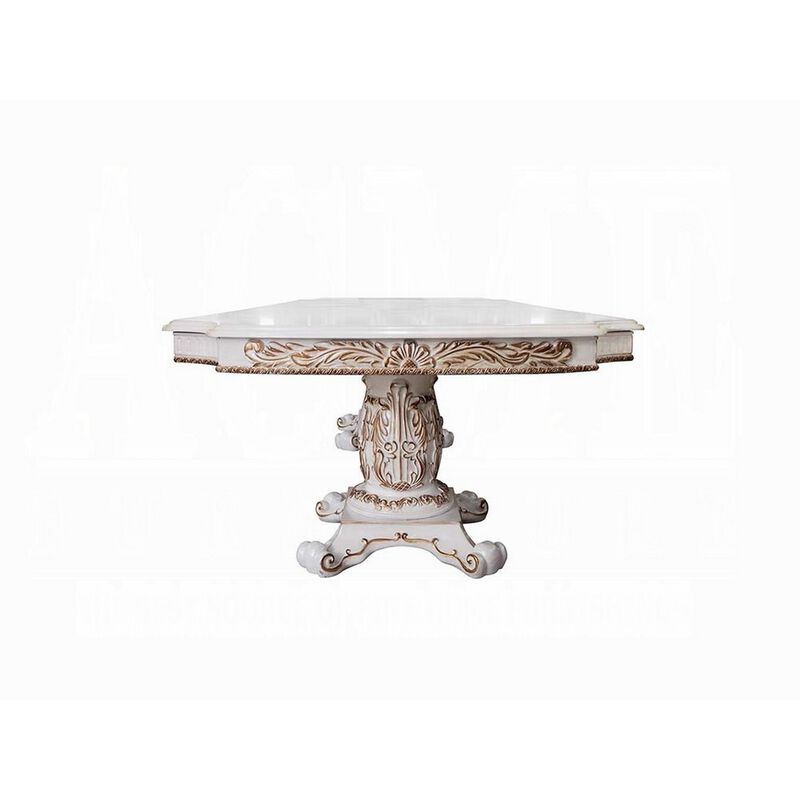 Antoine Dining Table, Carved Double Pedestal, 94-136 Inch, Pearl White - Benzara