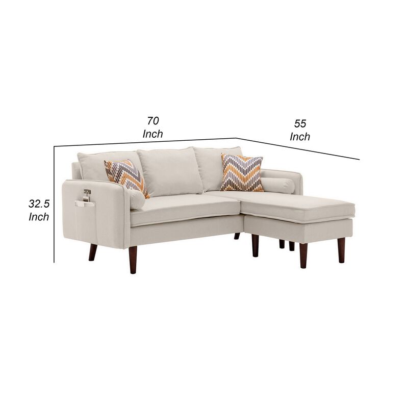 Ranon 70 Inch Sectional Chaise Sofa, USB Charging Port, Side Pocket, Beige-Benzara