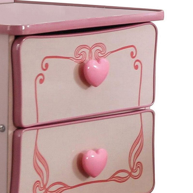 2 Drawer Wooden Nightstand with Heart Knob Pulls, Pink-Benzara